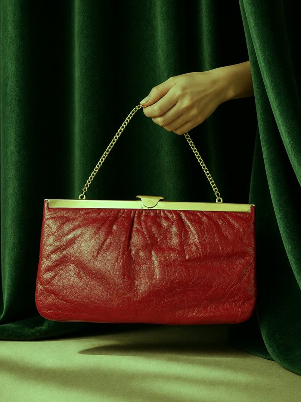 Vintage 70's Soft Oxblood leather Clutch Purse with Gold chain and unique open